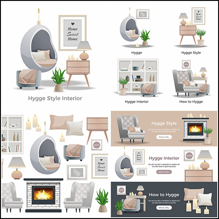 6套室内用品壁炉吊篮椅子台灯床头柜等第一素材网矢量插图精选
