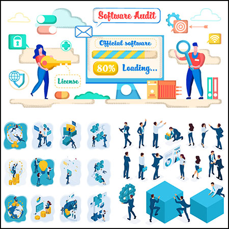 企业商务金融团队合作科技元素2.5D场景等距插图