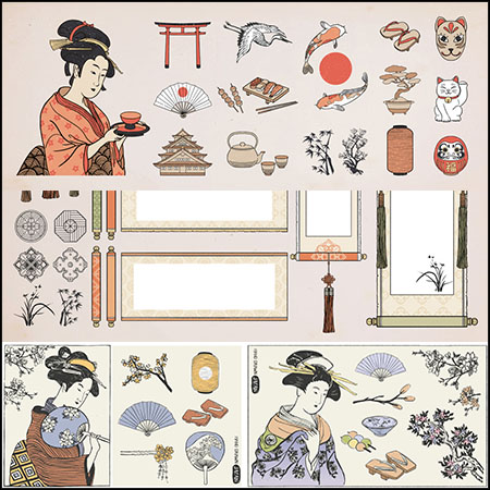 7款穿和服的女人和日本元素第一素材网矢量插图精选