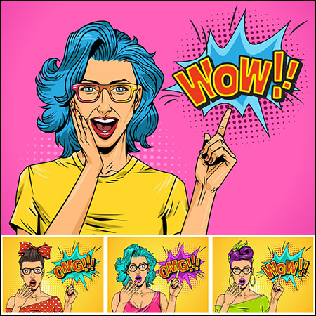 7款手绘美式女人惊讶表情矢量插画