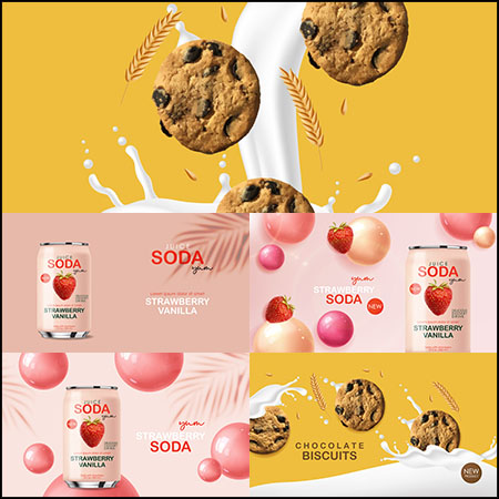 水果饮料与和巧克力饼干平面矢量海报