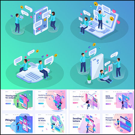 6套网络办公聊天互动2.5D等距网页插图第一素材网矢量素材精选