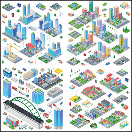 4套商业大楼楼房建筑2.5D等距插图第一素材网矢量素材精选
