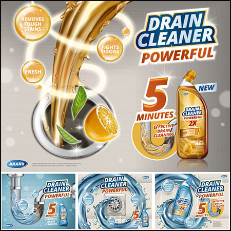 7款马桶清洁用品卫生间清洁剂宣传海报第一素材网矢量模板精选