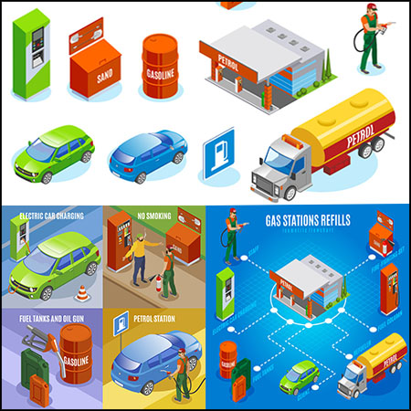 6套加油站加油设备和员工2.5D等距第一素材网矢量插图精选