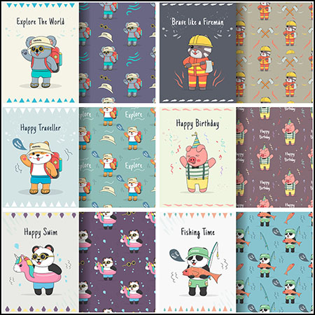 9款可爱卡通动物插图无缝背景第一素材网矢量素材精选