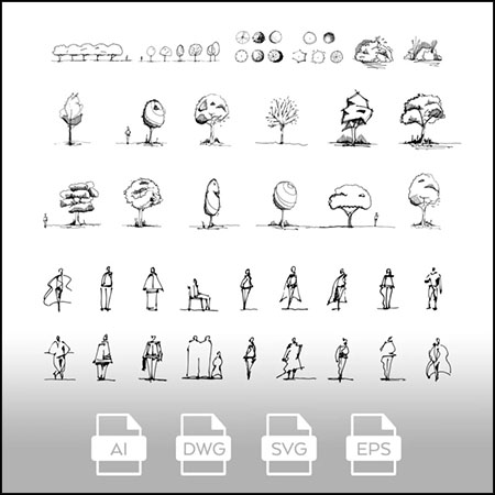 手绘人物图和植物第一素材网矢量插图精选