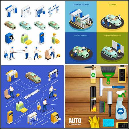 8套汽车保养维修汽车清洁工具2.5D等距插图