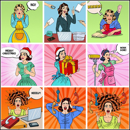 波普风职业女性和家庭主妇矢量人物插图