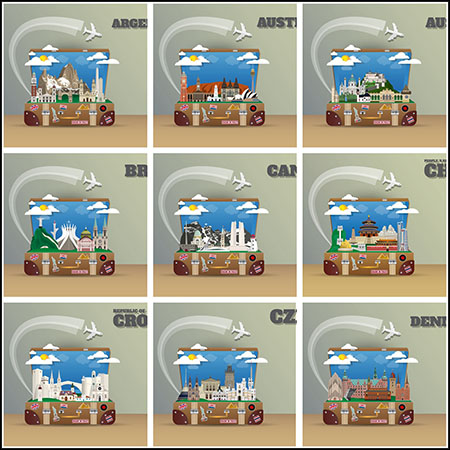 10款皮箱中的城市环游世界第一素材网矢量插图精选