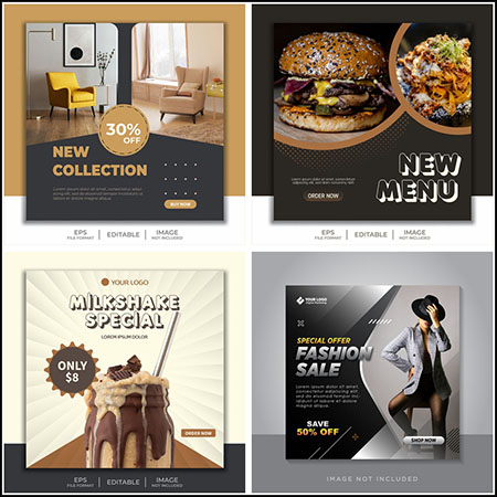 4款交互网站家具美食时尚促销打折横幅海报第一素材网矢量模板精选