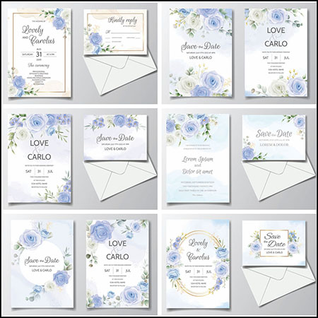 6套蓝色玫瑰花装饰婚礼邀请函第一素材网矢量模板精选