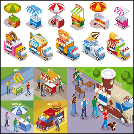 7套快餐美食饮料小吃车2.5D等距插图第一素材网矢量素材精选