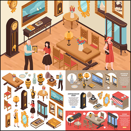 7套欧式复古风格家具装饰品场景2.5D等距插图