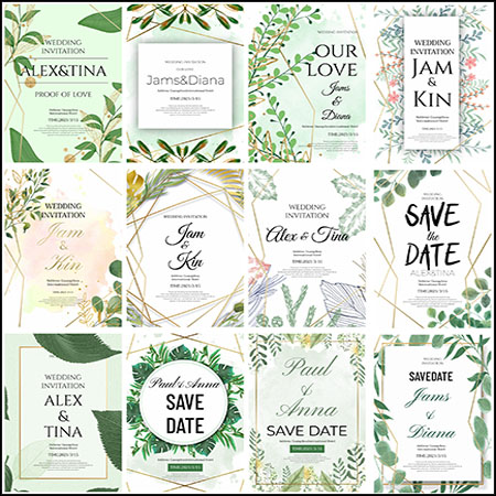 20款綠色植物金色线条婚礼邀请函蚂蚁图库精选PSD分层模板