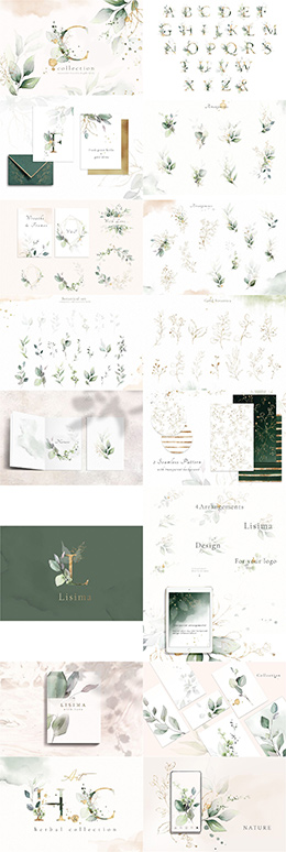 精美金色透明水彩系列花卉装饰元素PNG免扣素材