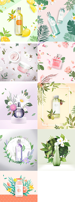 9款植物叶子鲜花装饰背景化妆品广告蚂蚁图库精选PSD分层素材