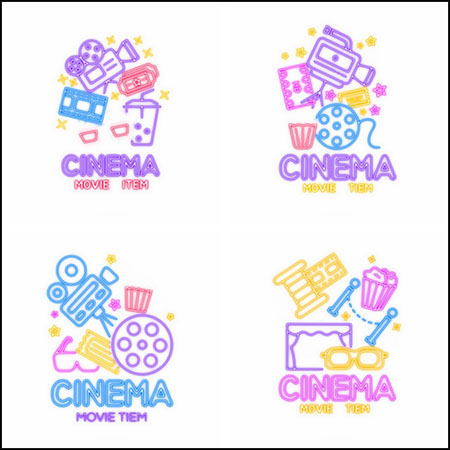 5款摄像机场记爆米花3D立体电影霓虹灯光效蚂蚁图库精选PSD模板