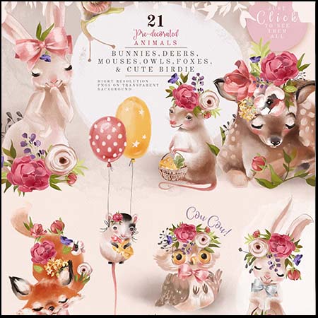 森林动物和花卉装饰品及框架图案PSD素材