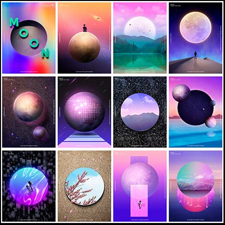 韩国风渐变炫彩月亮月球背景蚂蚁图库精选PSD模板