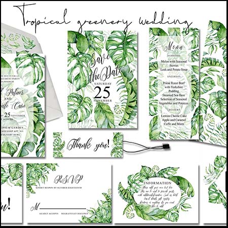 8款手绘热带水彩树叶绿叶PSD背景框架