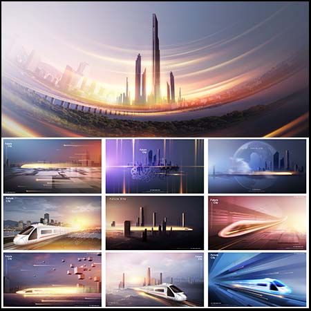10款未来科技城市高铁背景PPT海报蚂蚁图库精选PSD模板