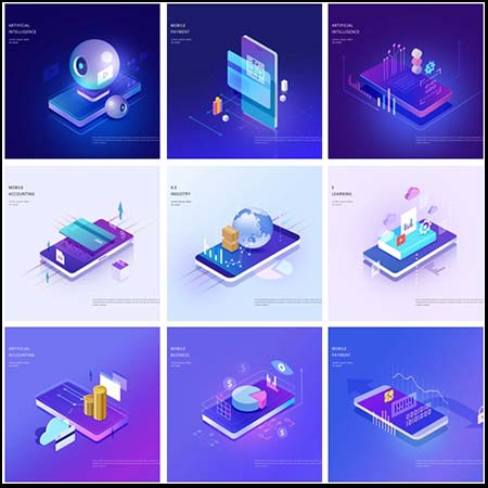 互联网金融手机刷卡支付2.5D等距蚂蚁图库精选PSD模板