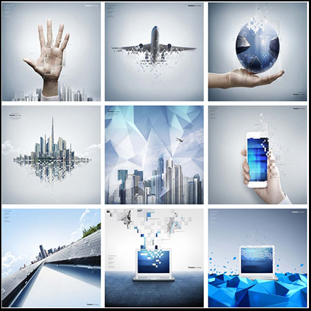 科技数据像素化马赛克飞机城市手机电脑时代PSD海报