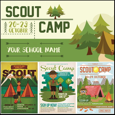 卡通风格夏令营野营PSD宣传海报和横幅源文件