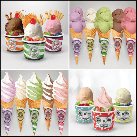 锥形冰淇淋蛋筒和酸奶杯样机PSD模型分层素材