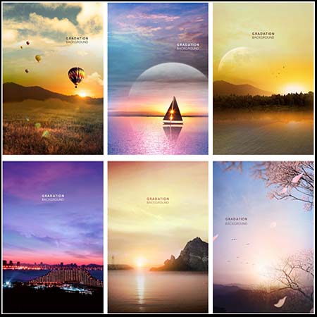 唯美自然风光夕阳落日灯塔夜景渐变色PSD海报素材