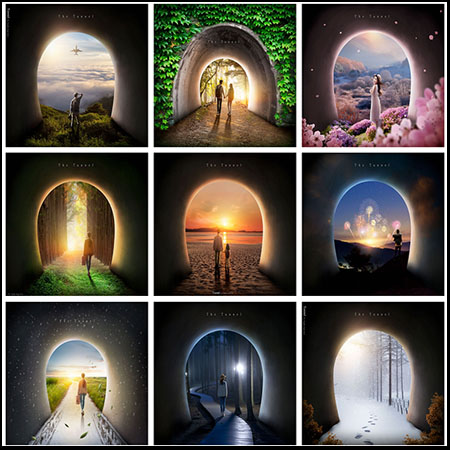 山洞隧道风景影楼后期旅拍创意合成海报背景PSD素材