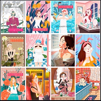 卡通美女美妆美容彩妆护肤品手绘人物插画蚂蚁图库精选PSD模板