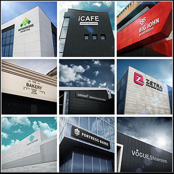 企业公司大厦户外楼体LOGO标志形象PSD智能贴图样机模板VI展示图