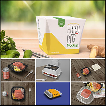 餐饮外卖快餐具透明打包装盒智能贴图PSD样机模板VI展示效果素材