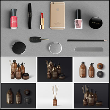 女性罐装化妆用品和口红眉笔等化妆品PSD样机模型