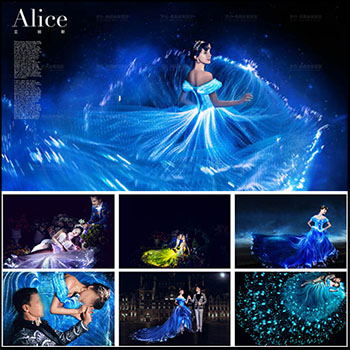 夜光婚纱发光荧光裙摆飘纱裙PSD影楼后期合成模版