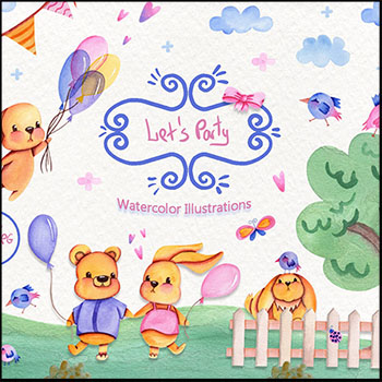 水彩小熊动物派对聚会邀请函PSD插图