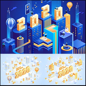 2020年新年快乐2.5D数字技术插画矢量素材