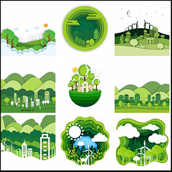 绿色环保剪纸PSD插图素材