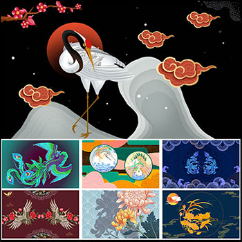 中国风仙鹤花卉中式国潮插画背景墙PSD素材