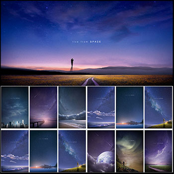 16款蓝色唯美星空合成背景蚂蚁图库精选PSD分层素材