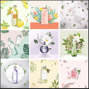 9款绿叶花卉水果装饰的化妆品蚂蚁图库精选PSD分层模板