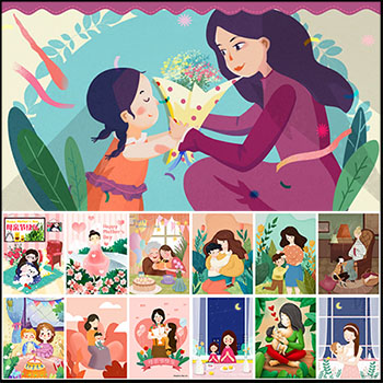 80款母亲节母女母子温馨插画蚂蚁图库精选PSD分层模板