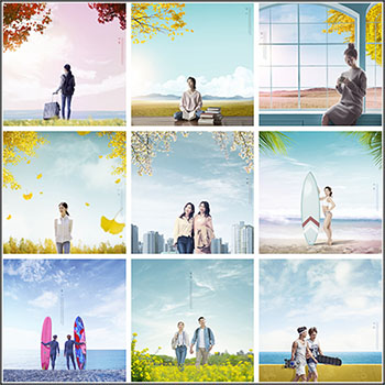 15款旅游渡假风景人物海报背景蚂蚁图库精选PSD分层素材