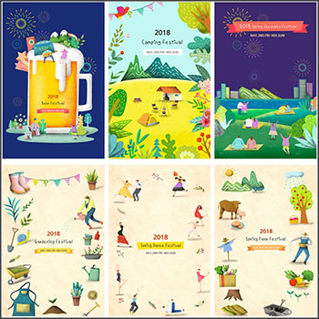 6款春季郊游创意时尚卡通插画蚂蚁图库精选PSD分层素材