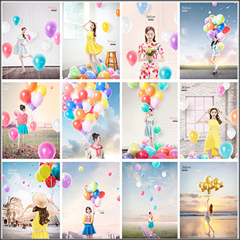 20款时尚女孩和气球合成创意写真蚂蚁图库精选PSD分层素材