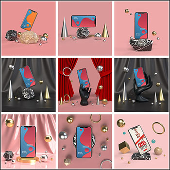 iphone手机网页app样机金属悬浮PSD智能贴图展示效果素材