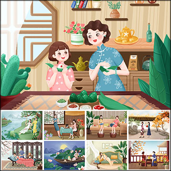 中国风复古旗袍女性养生护肤民国风psd素材海报手绘插画