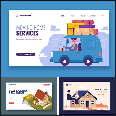 3款房屋搬家服务房地产公司网页登陆页面2.5D等距插图矢量素材